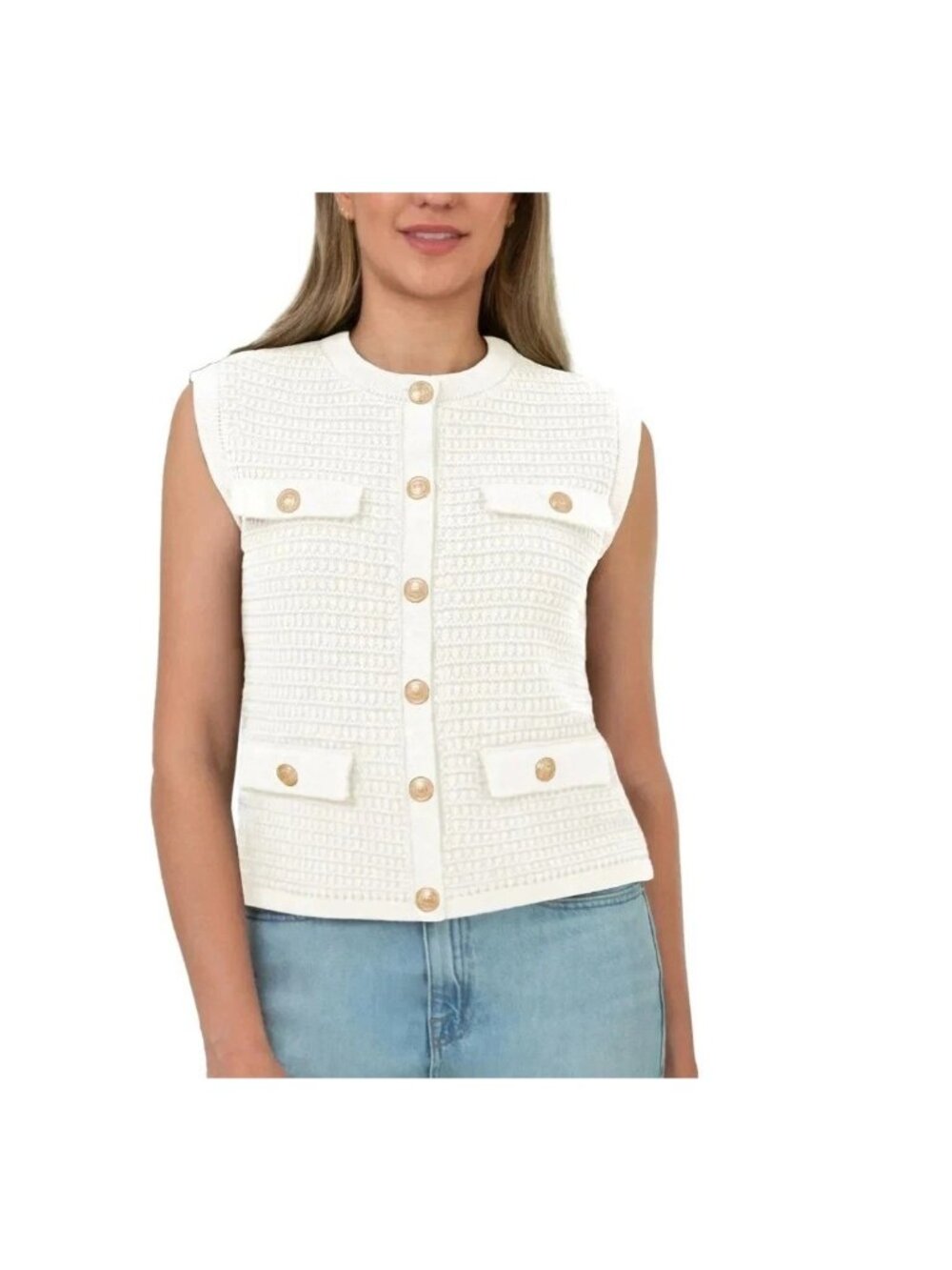 NWT BlankNYC Women's M Cream Knit Button-Front Sleeveless Cardigan Sweater